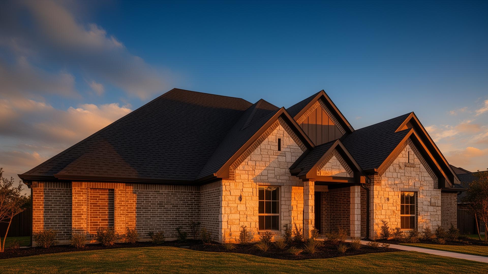 Modern Texas home with brand new roof at golden hour